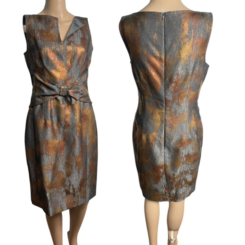 David Meister Bronze Gray bow front cocktail dress sz 4 old money quiet luxury